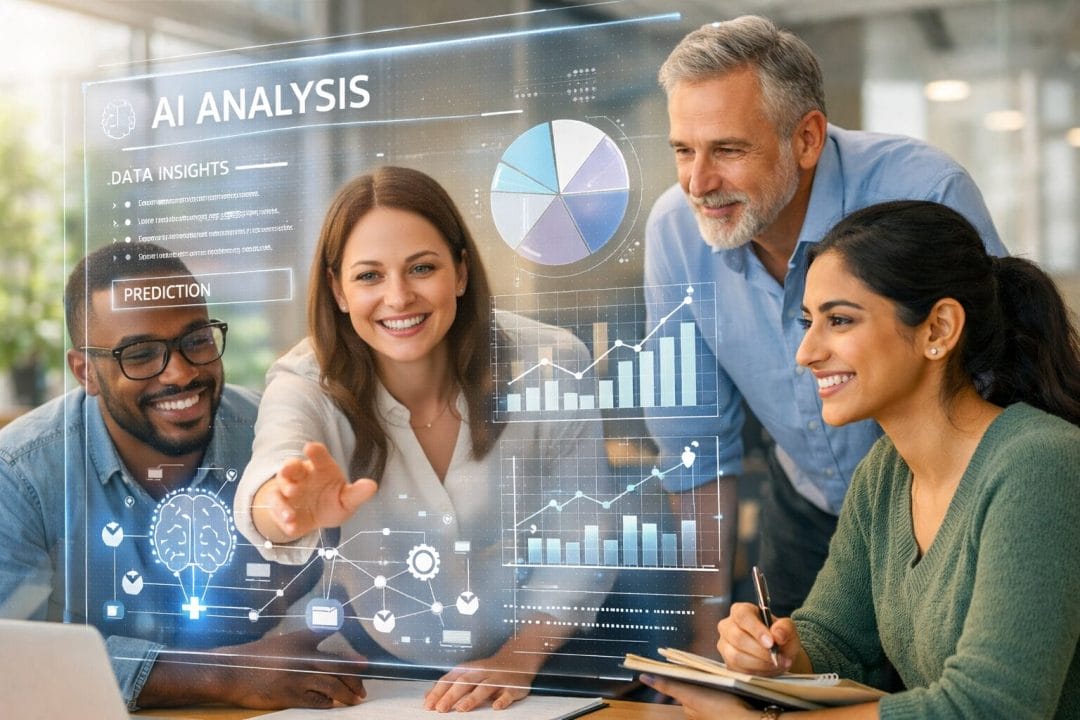 Team collaborating with AI interface in a bright workspace
